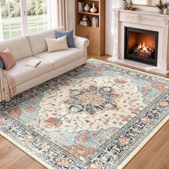 Rugs Living Room 150x210 cm Washable Rug Beige/Blue/Orange Living Room Rug, Rugs for Bedroom, Vintage, Boho, Oriental, Lounge, Dining Room, Home Office, Low Pile, Non Slip, OEKO, Print