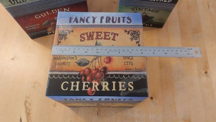 Fabulous Set of Three Large Graduated Stackable Nesting Storage Boxes by Quality Manufacturer Bob's Boxes/Lang Paper Co. with "Fancy Fruits" Artwork by Kimberly Poloson