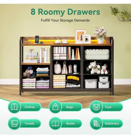 Chest of Drawers Bedroom, 8 Fabric Drawers, 110x30x88cm, Retro Color