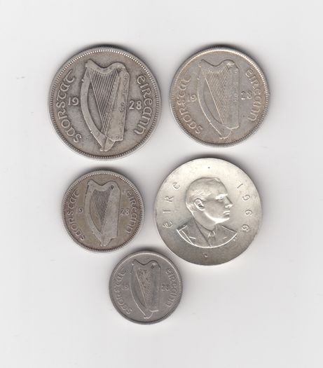 Ireland,4 x1928 Saorstat Eireann coins, 2/6, 2/-,1/-,(75% Silver)Coins,1x6d & 10/- (1966)(83.3% silver) coin (No: G9)
