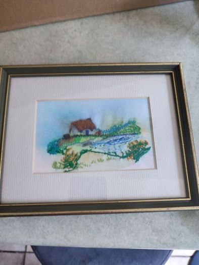 Framed small picture of Cottage , Stitch Patterns - hand coloured Format Needlework Embroidery Crafts.