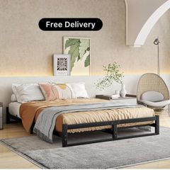 King Size Bed Frame,5ft Floor Bed Frame King Size Bed Base with Steel Slats,Heavy Duty Metal Platform Low Bed King Beds 150x200 cm,Mattress Base No Box Spring Needed,No Noise,Black