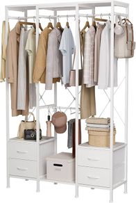 Clothes Rack for Hanging Clothes, Heavy Duty Clothes Rail with Drawers, Open Wardrobes for Bedroom, Free Standing Clothes Rail with Shelves & Hooks, White