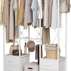 Clothes Rack for Hanging Clothes, Heavy Duty Clothes Rail with Drawers, Open Wardrobes for Bedroom, Free Standing Clothes Rail with Shelves & Hooks, White