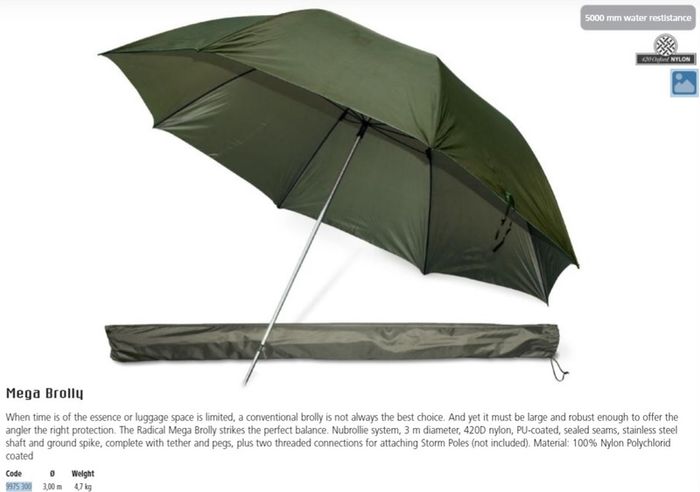 NEW - Radical Mega Brolly 3m, Waterproof 5000mm - Pike Perch Trout Salmon Bass Cod Pollock Carp Tench Bream Roach Feeder Method Umbrella Bivy Tent