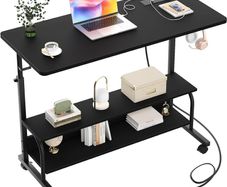 Mobile Standing Desk with Integrated UK Power Outlets & USB Ports, Height Adjustable (70-104cm) C-Shaped Rolling Laptop Table on Wheels for Home Office, Bedside, and Sofa, White