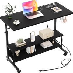 Mobile Standing Desk with Integrated UK Power Outlets & USB Ports, Height Adjustable (70-104cm) C-Shaped Rolling Laptop Table on Wheels for Home Office, Bedside, and Sofa, White
