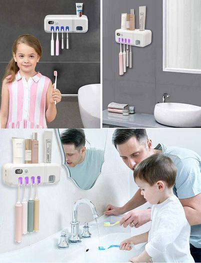 UV Smart Toothbrush Holder Rechargeable Wall Mounted Toothpaste Dispenser with Sterilizer Functio