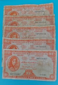 Irish 1966 &68 X 5 Lavery ten shilling banknote in used condition