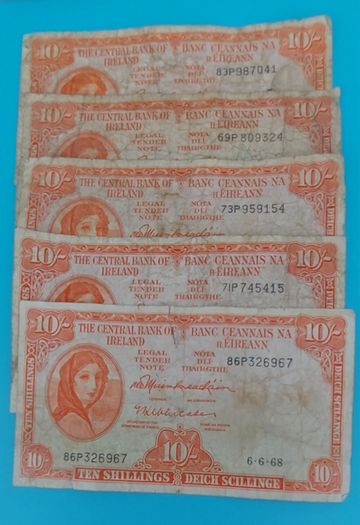 Irish 1966 &68 X 5 Lavery ten shilling banknote in used condition