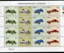 2003 Ireland Centenary of Gordon Bennett Race (Napier, Mercedes, Mors, Winton) Commemorative Stamp Sheetlet Plate 1A1A1A1A1A Mint Never Hinged (MNH)