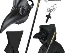 SEASONAL SALE 4PCS Plague Bird Doctor Mask PU Leather Long Nose Beak Mask with Cloak Crucifixion Necklace Scepter for Cosplay Halloween