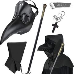 SEASONAL SALE 4PCS Plague Bird Doctor Mask PU Leather Long Nose Beak Mask with Cloak Crucifixion Necklace Scepter for Cosplay Halloween