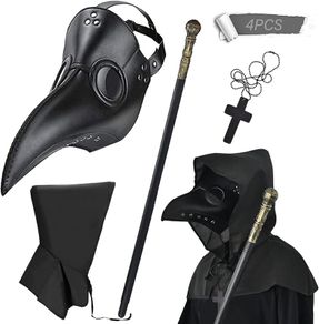 SEASONAL SALE 4PCS Plague Bird Doctor Mask PU Leather Long Nose Beak Mask with Cloak Crucifixion Necklace Scepter for Cosplay Halloween