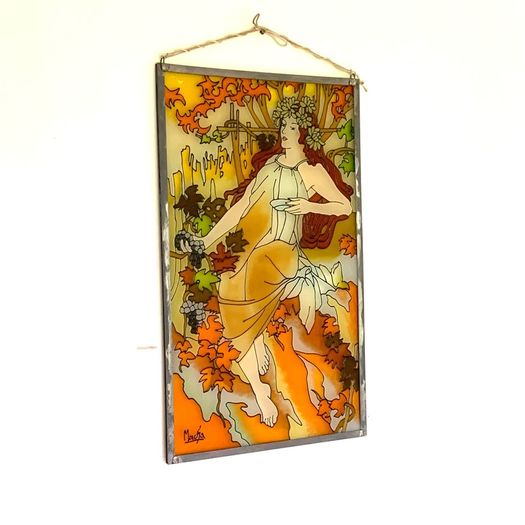 Vintage Art Nouveau Style Hand Painted and stained glass Glass Panel