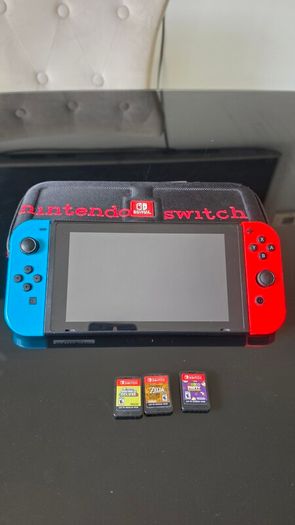 Nintendo Switch Bundle with Zelda & 2 Mario Games + Case | Excellent Condition