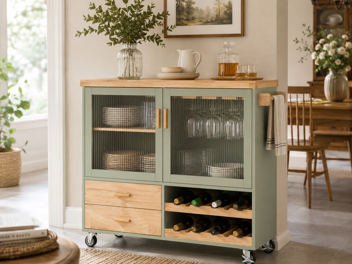 Kitchen Trolley with Wine Rack and Glass Holder Green Country Style Kitchen Island on Wheels Elegant Sideboard