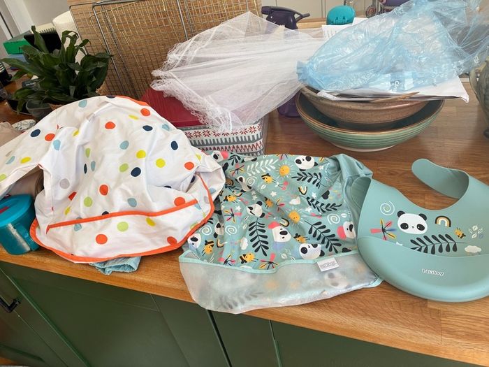 Baby weaning spoons, freezer trays, bibs, cup