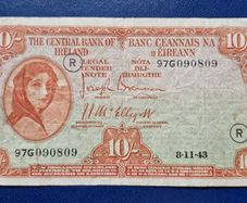 Ireland 10/ Shilling 1943 Lady Lavery War Code R Banknote