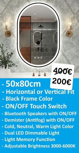 LED Bathroom Mirror 50x80cm Oval Fog Free Music