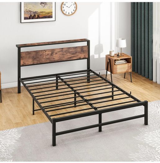 5ft King Metal Platform Bed Frame with Wooden Storage Shelf