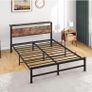 5ft King Metal Platform Bed Frame with Wooden Storage Shelf Image 3