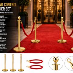 Gold Crowd Control Barrier Set  4 Posts with 2 Red Velvet Ropes