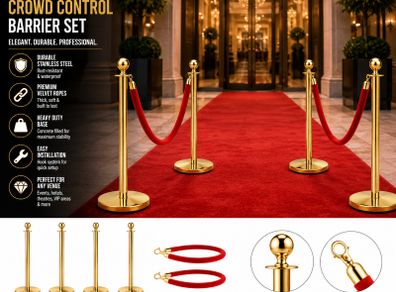 Gold Crowd Control Barrier Set  4 Posts with 2 Red Velvet Ropes