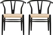 Set of 2 Dining Chairs Mid Century Vintage Kitchen Chairs with Metal Legs Rattan Cushion Black