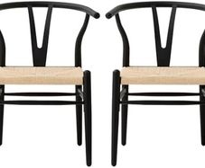 Set of 2 Dining Chairs Mid Century Vintage Kitchen Chairs with Metal Legs Rattan Cushion Black