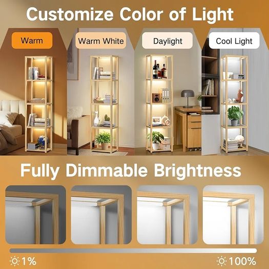67" Glass Display Shelf with Dimmable LED Floor Lamp, Collectibles Display Cabinet with Remote & App Control, 5 Tier Open Bookshelf Lamp for Living Room, Bedroom, Office, Home Decor, Wood