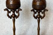 Pair Of Antique Bronze Boshan Incense Burners - Bronze