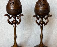Pair Of Antique Bronze Boshan Incense Burners - Bronze