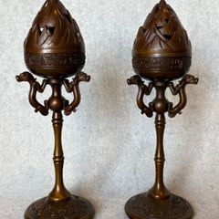 Pair Of Antique Bronze Boshan Incense Burners - Bronze