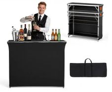 Folding Portable Bar Table, 1105 x 390 x 1010 mm, with Carry Bag, 2 Storage Shelves, and Detachable Skirt, Quick and Easy Setup, Foldable Mobile Bartending Station for Events, Party, Tradeshow