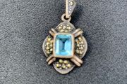 Vintage Emerald Cut Aquamarine Marcasite Silver Drop Pendant