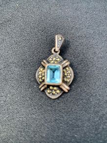 Vintage Emerald Cut Aquamarine Marcasite Silver Drop Pendant
