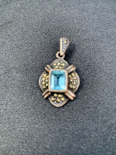 Vintage Emerald Cut Aquamarine Marcasite Silver Drop Pendant