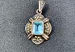 Estate Vintage Emerald Cut Aquamarine Marcasite Silver Drop Pendant
