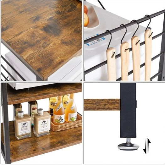 Industrial Microwave Oven Shelf, Bakers Rack with 6 S-Hooks, 3-Tier Storage Shelves for Kitchen Living Room, Kitchen Shelf for Spices, Pots, and Pans, Rustic Brown (FREE POSTAGE)
