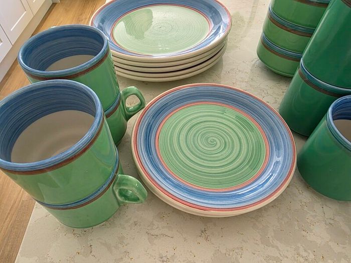 CARIGALINE plates bowls cups milk jug tea pot