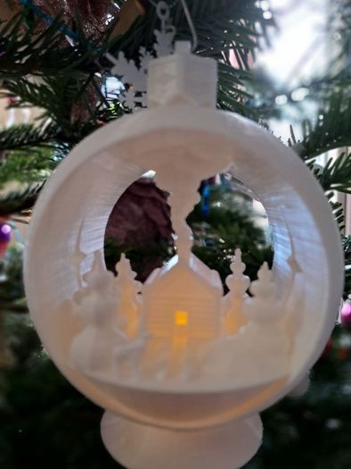 White PLA 3D printed Christmas tree decoration Ball with a candelight
