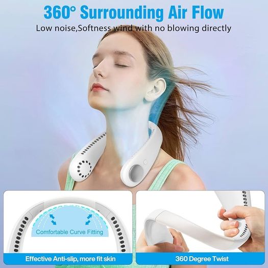 NEW SALE | Portable Hanging Neck Fan, Bladeless Mini Neck Fan with 360 Degree Airflow, 3-Speed Hands-Free Personal Fan Rechargeable Wearable Fan Cooling Quiet for Home Office Travel Sports Outdoor, White