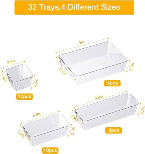 32 Pack Desk Drawer Organisers With 4 Sizes Bathroom Trays Drawer Organiser Fridge Storage Boxes For Kitchen, Office, Dressing, Cosmetics
