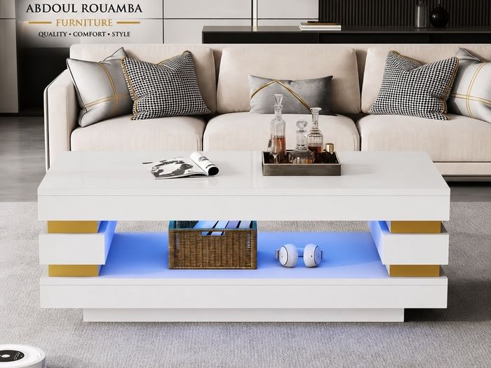 High Gloss Coffee Table with LED Lights White Living Room Table.