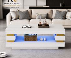 High Gloss Coffee Table with LED Lights White Living Room Table.