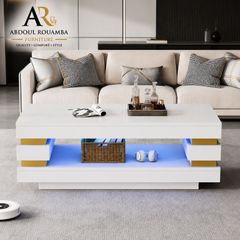 High Gloss Coffee Table with LED Lights White Living Room Table.