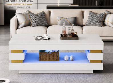 High Gloss Coffee Table with LED Lights White Living Room Table.