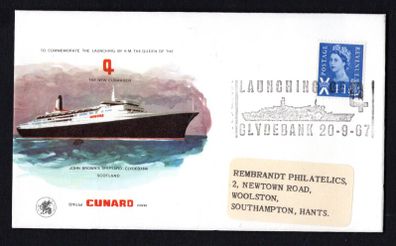 1967 Great Britain Cover Celebrating Cunard The New Cunarder Launching by HM the Queen with Clydebank cancel typing 4d definitive stamp