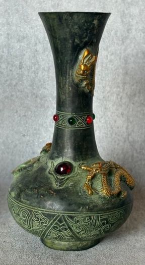 Two Chinese Dragon Vases  - Patinated Bronze, Signed